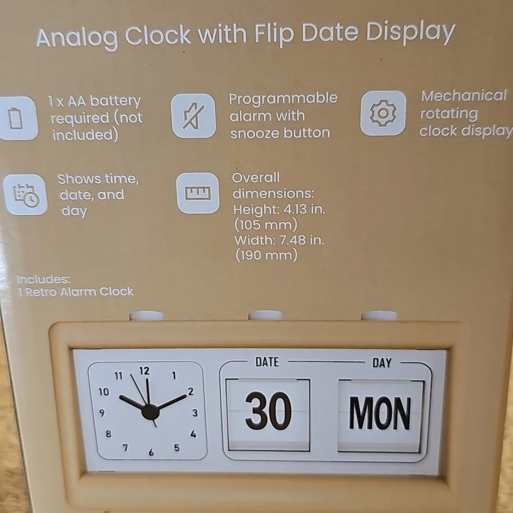 Retro Alarm Clock With Flip Date Display Calendar In Tan Color